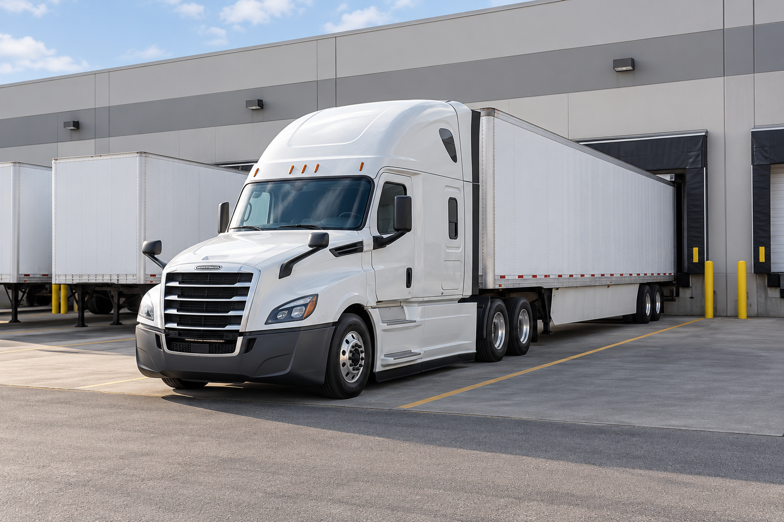 Illustration of a white sleeper tractor and dry van at a warehouse loading dock